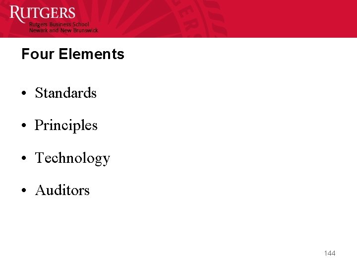 Four Elements • Standards • Principles • Technology • Auditors 144 