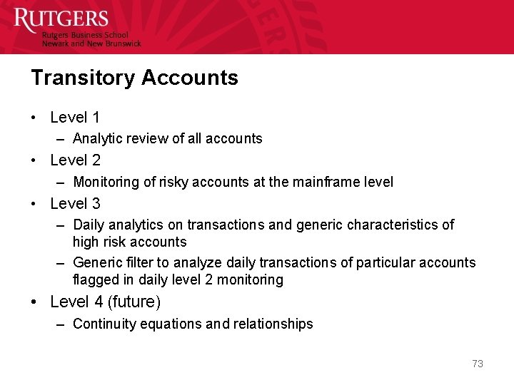 Transitory Accounts • Level 1 – Analytic review of all accounts • Level 2