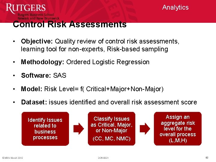 Analytics Control Risk Assessments • Objective: Quality review of control risk assessments, learning tool