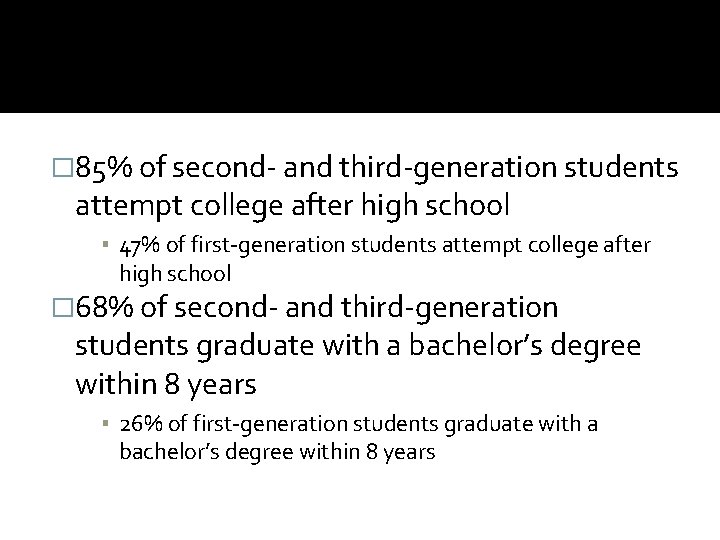 � 85% of second- and third-generation students attempt college after high school ▪ 47%