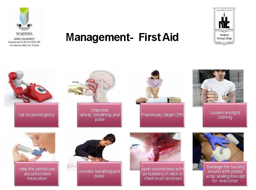 Management- First Aid call local emergency. Help the person use any prescribed medication Check