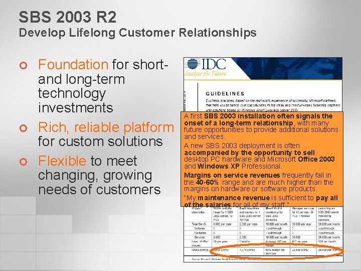 SBS 2003 R 2 Develop Lifelong Customer Relationships ¢ ¢ ¢ Foundation for short-