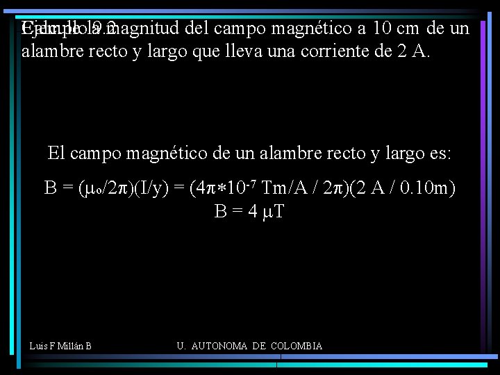 Calcule la magnitud del campo magnético a 10 cm de un Ejemplo 9. 2