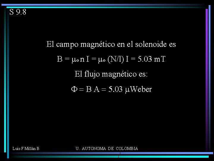 S 9. 8 El campo magnético en el solenoide es B = mo n