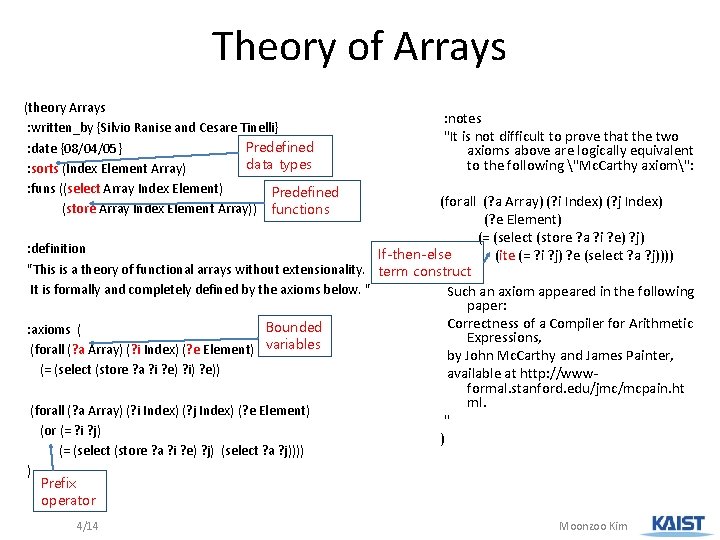 Theory of Arrays (theory Arrays : written_by {Silvio Ranise and Cesare Tinelli} Predefined :