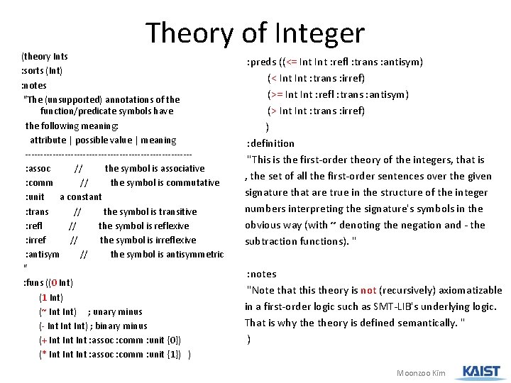 Theory of Integer (theory Ints : sorts (Int) : notes "The (unsupported) annotations of
