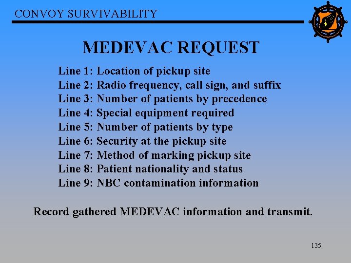 CONVOY SURVIVABILITY MEDEVAC REQUEST Line 1: Location of pickup site Line 2: Radio frequency,