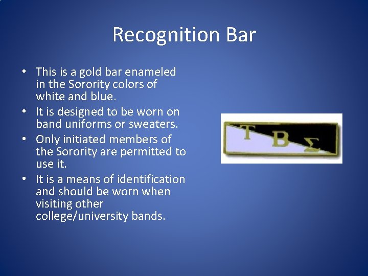 Recognition Bar • This is a gold bar enameled in the Sorority colors of