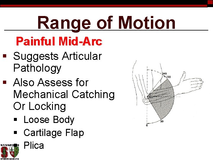 Range of Motion Painful Mid-Arc § Suggests Articular Pathology § Also Assess for Mechanical