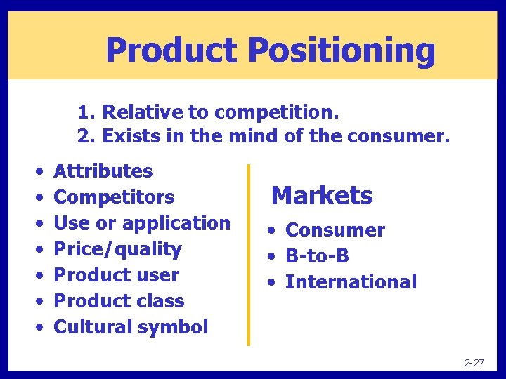 Product Positioning 1. Relative to competition. 2. Exists in the mind of the consumer.