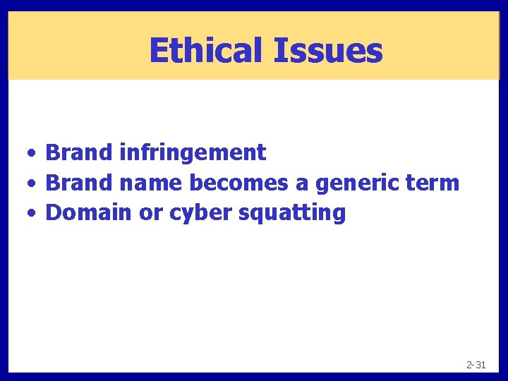 Ethical Issues • Brand infringement • Brand name becomes a generic term • Domain