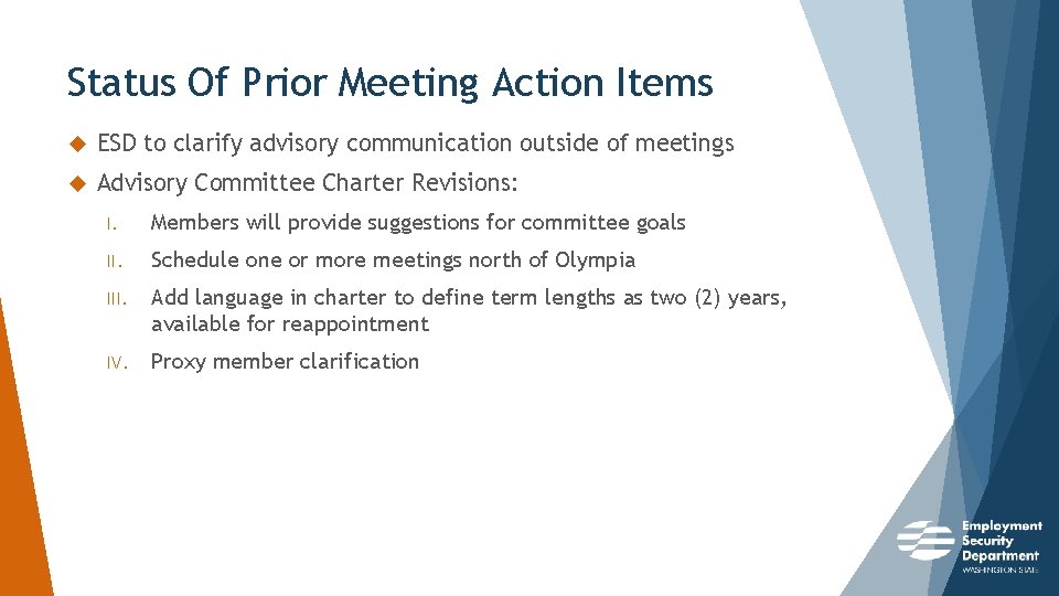 Status Of Prior Meeting Action Items ESD to clarify advisory communication outside of meetings