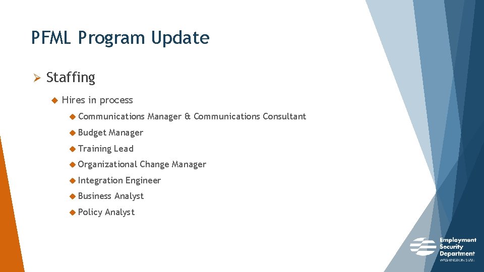 PFML Program Update Ø Staffing Hires in process Communications Budget Manager Training Lead Organizational