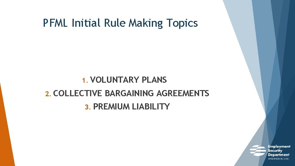 PFML Initial Rule Making Topics 1. VOLUNTARY 2. COLLECTIVE PLANS BARGAINING AGREEMENTS 3. PREMIUM