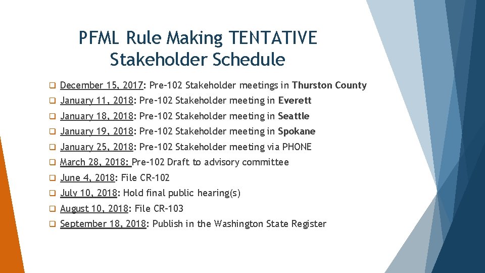 PFML Rule Making TENTATIVE Stakeholder Schedule q December 15, 2017: Pre-102 Stakeholder meetings in