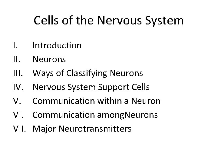 Cells of the Nervous System I. III. IV. V. VII. Introduction Neurons Ways of