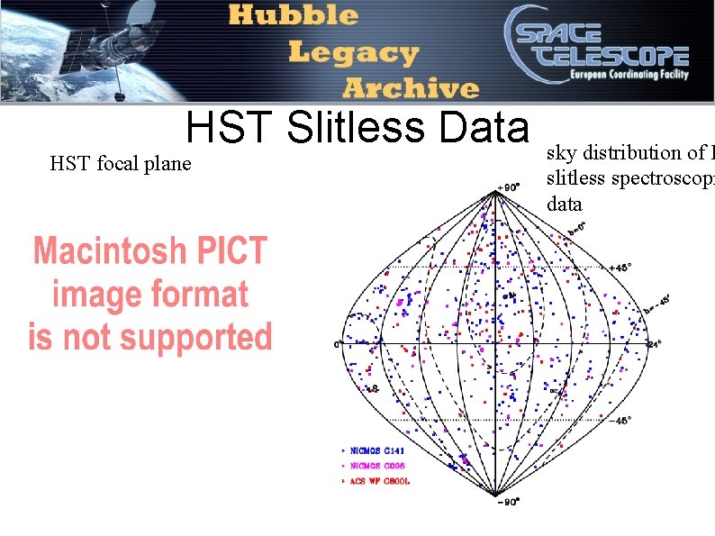 HST Slitless Data HST focal plane sky distribution of H slitless spectroscopi data HST Slitless Data HST focal plane sky distribution of H slitless spectroscopi data