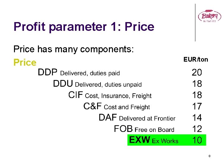 Profit parameter 1: Price has many components: Price EUR/ton 8 