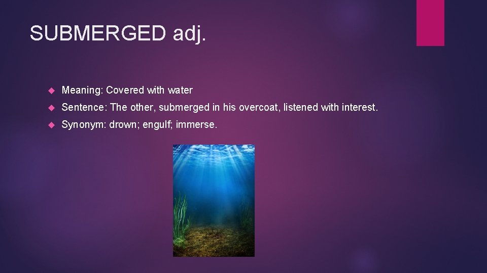 SUBMERGED adj. Meaning: Covered with water Sentence: The other, submerged in his overcoat, listened