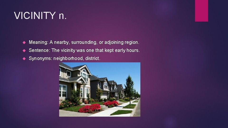 VICINITY n. Meaning: A nearby, surrounding, or adjoining region. Sentence: The vicinity was one