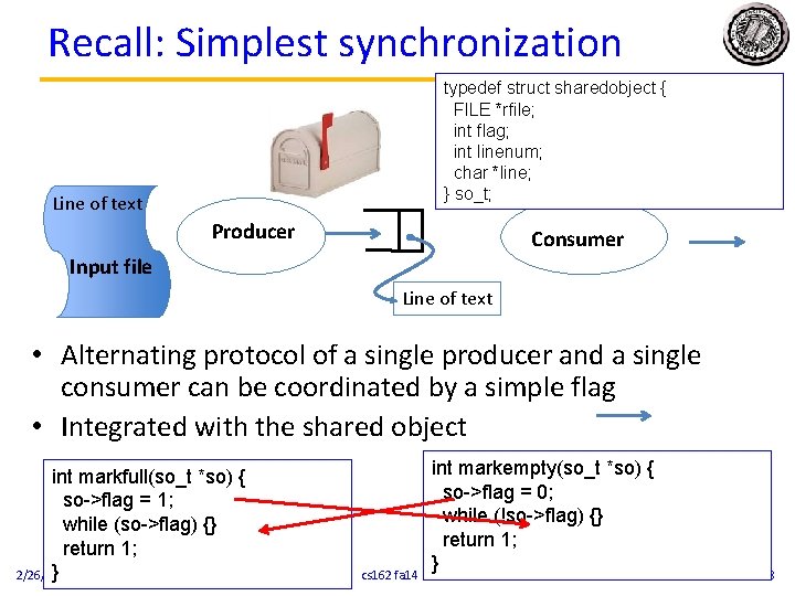 Recall: Simplest synchronization typedef struct sharedobject { FILE *rfile; int flag; int linenum; char