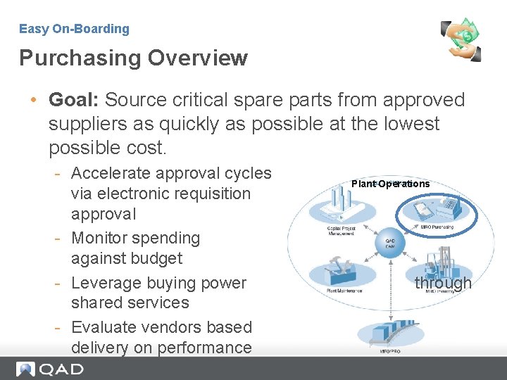 Easy On-Boarding Purchasing Overview • Goal: Source critical spare parts from approved suppliers as