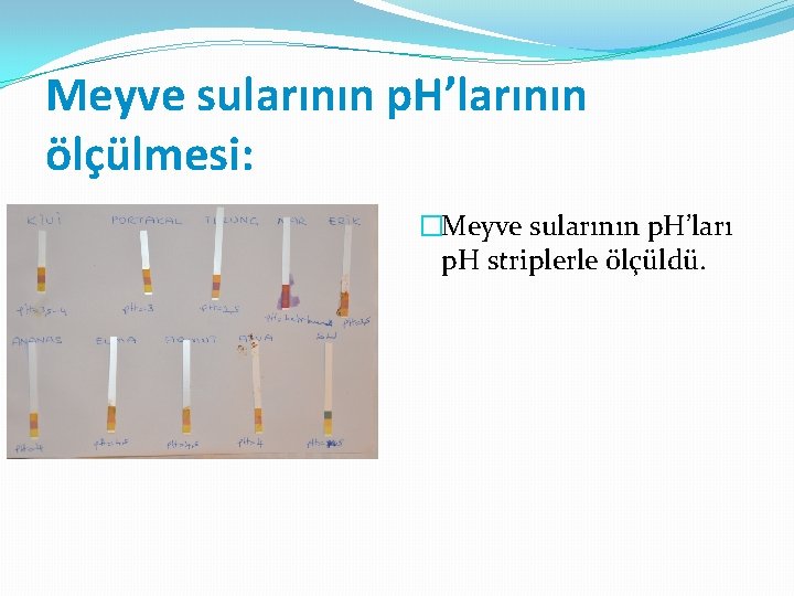 Meyve sularının p. H’larının ölçülmesi: �Meyve sularının p. H’ları p. H striplerle ölçüldü. 