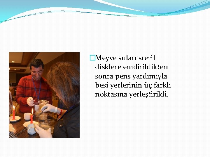 �Meyve suları steril disklere emdirildikten sonra pens yardımıyla besi yerlerinin üç farklı noktasına yerleştirildi.