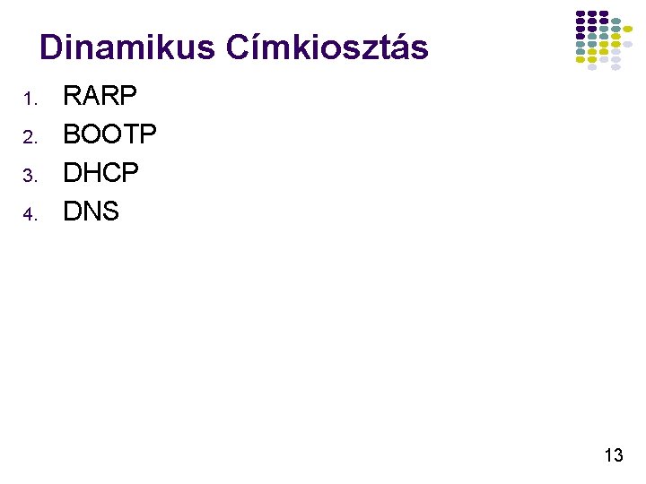 Dinamikus Címkiosztás 1. 2. 3. 4. RARP BOOTP DHCP DNS 13 Dinamikus Címkiosztás 1. 2. 3. 4. RARP BOOTP DHCP DNS 13