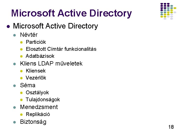 Microsoft Active Directory l Névtér l l Kliens LDAP műveletek l l Osztályok Tulajdonságok Microsoft Active Directory l Névtér l l Kliens LDAP műveletek l l Osztályok Tulajdonságok