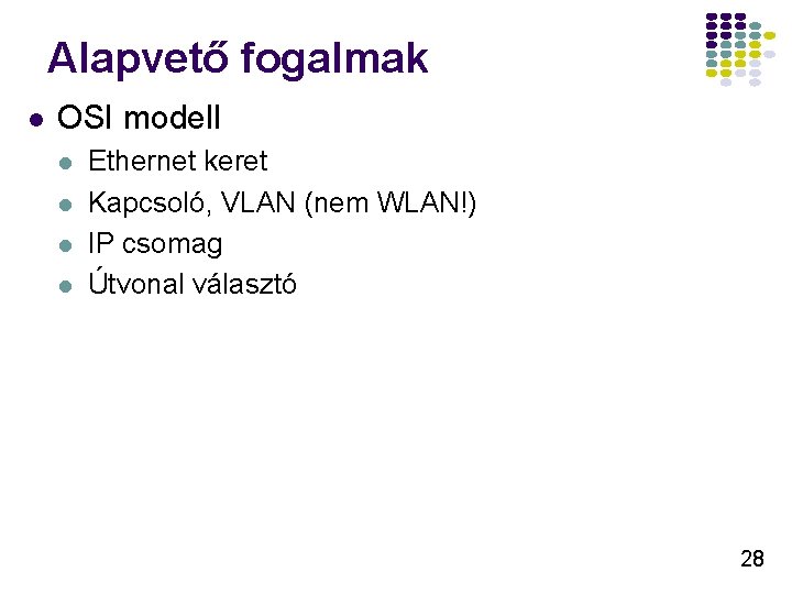 Alapvető fogalmak l OSI modell l l Ethernet keret Kapcsoló, VLAN (nem WLAN!) IP Alapvető fogalmak l OSI modell l l Ethernet keret Kapcsoló, VLAN (nem WLAN!) IP