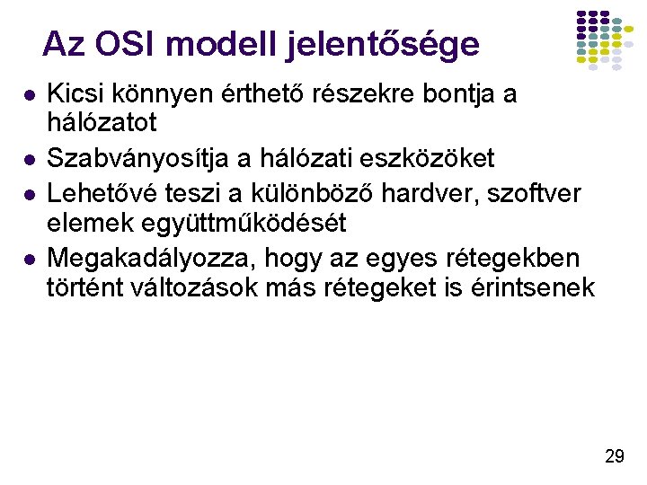 Az OSI modell jelentősége l l Kicsi könnyen érthető részekre bontja a hálózatot Szabványosítja Az OSI modell jelentősége l l Kicsi könnyen érthető részekre bontja a hálózatot Szabványosítja