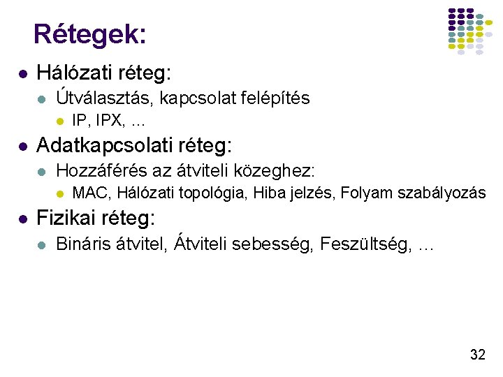 Rétegek: l Hálózati réteg: l Útválasztás, kapcsolat felépítés l l Adatkapcsolati réteg: l Hozzáférés Rétegek: l Hálózati réteg: l Útválasztás, kapcsolat felépítés l l Adatkapcsolati réteg: l Hozzáférés