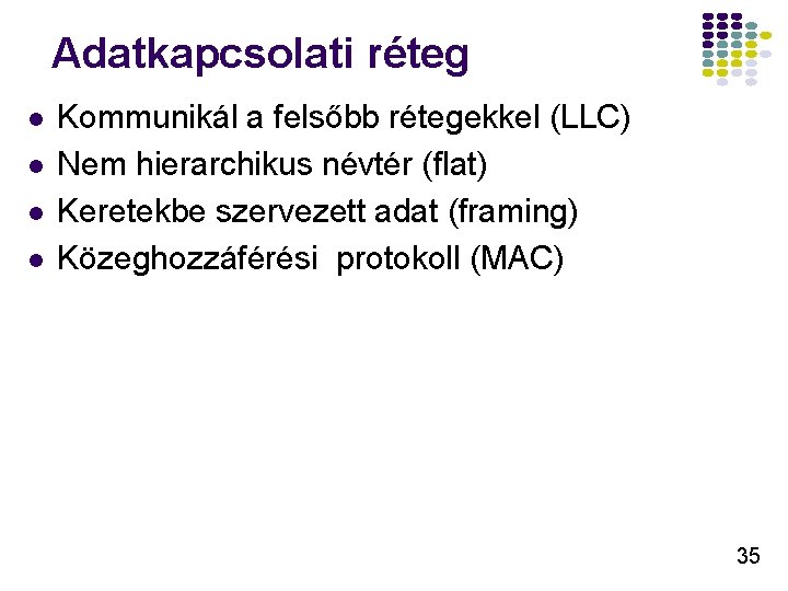 Adatkapcsolati réteg l l Kommunikál a felsőbb rétegekkel (LLC) Nem hierarchikus névtér (flat) Keretekbe Adatkapcsolati réteg l l Kommunikál a felsőbb rétegekkel (LLC) Nem hierarchikus névtér (flat) Keretekbe