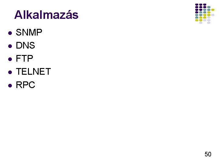 Alkalmazás l l l SNMP DNS FTP TELNET RPC 50 Alkalmazás l l l SNMP DNS FTP TELNET RPC 50
