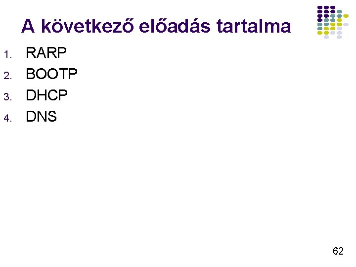 A következő előadás tartalma 1. 2. 3. 4. RARP BOOTP DHCP DNS 62 A következő előadás tartalma 1. 2. 3. 4. RARP BOOTP DHCP DNS 62