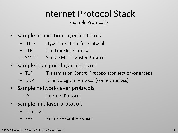 Internet Protocol Stack (Sample Protocols) • Sample application-layer protocols – HTTP – FTP –