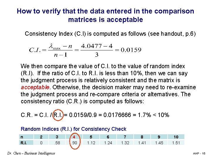 How to verify that the data entered in the comparison matrices is acceptable Consistency