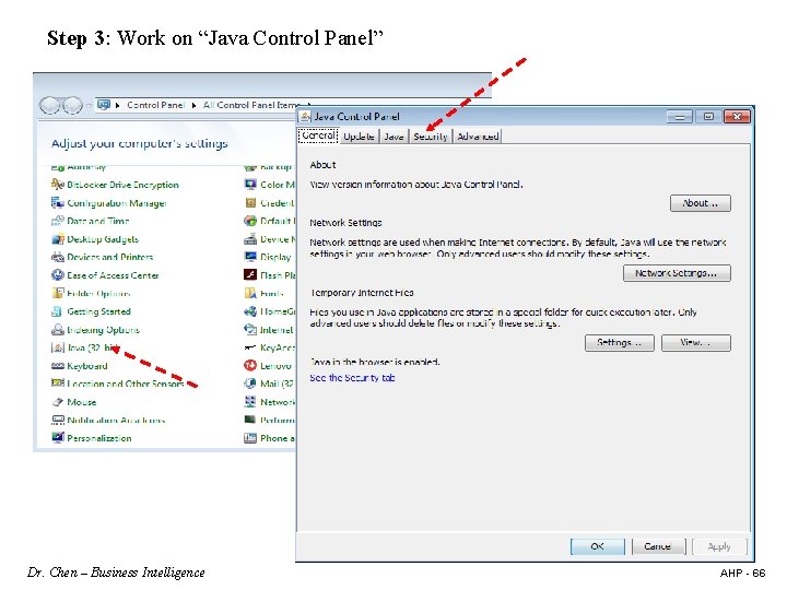 Step 3: Work on “Java Control Panel” Dr. Chen – Business Intelligence AHP -