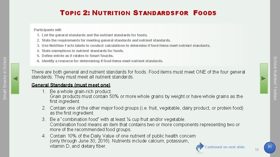 Participants will: 1. List the general standards and the nutrient standards for foods. 2.
