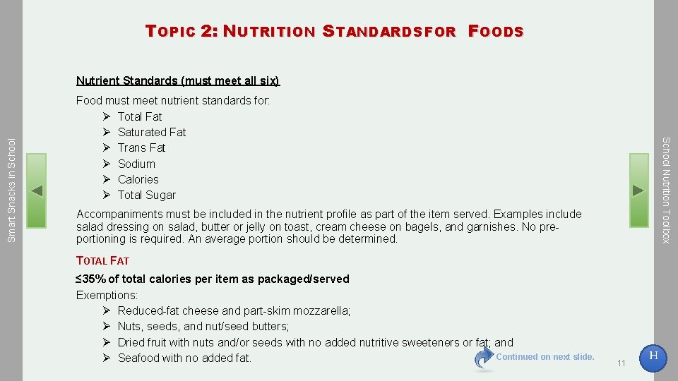 T OPIC 2: N UTRITION S TANDARDS FOR F OODS Food must meet nutrient