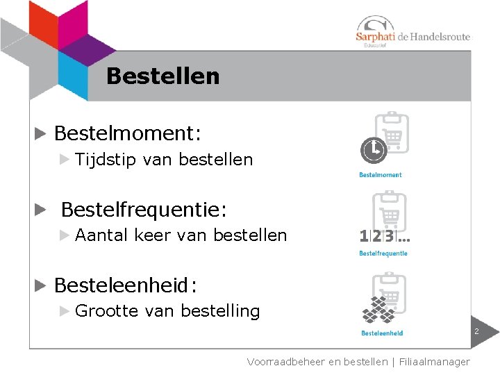 Bestellen Bestelmoment: Tijdstip van bestellen Bestelfrequentie: Aantal keer van bestellen Besteleenheid: Grootte van bestelling