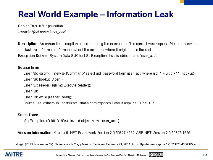 Real World Example – Information Leak Server Error in '/' Application. Invalid object name