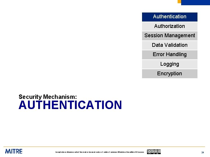 Authentication Authorization Session Management Data Validation Error Handling Logging Encryption Security Mechanism: AUTHENTICATION Except