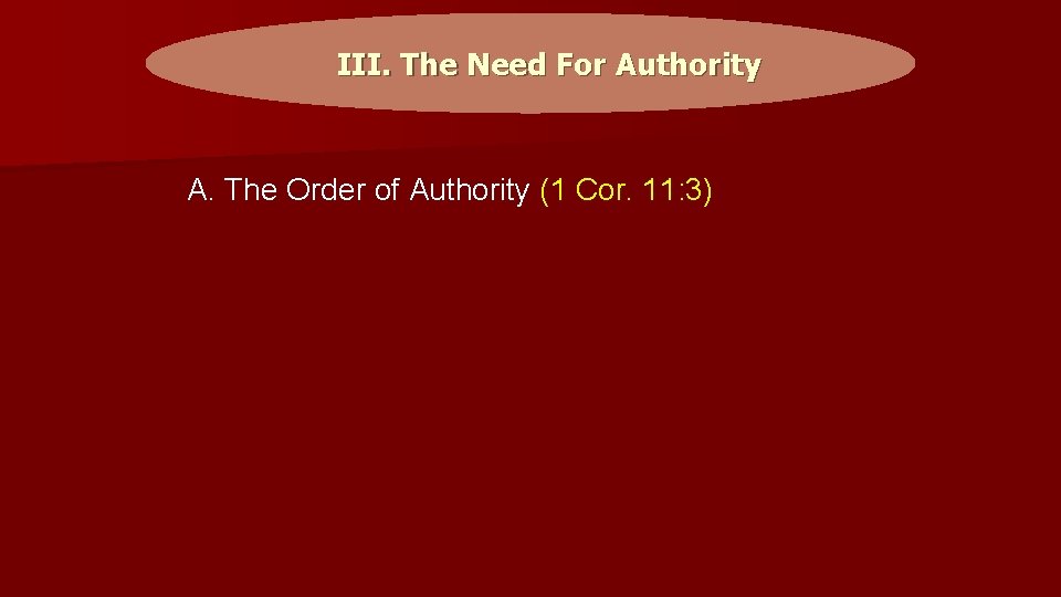 III. The Need For Authority A. The Order of Authority (1 Cor. 11: 3)