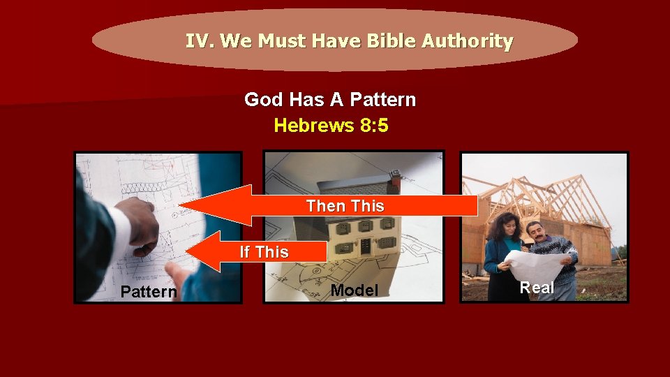 IV. We Must Have Bible Authority God Has A Pattern Hebrews 8: 5 Then