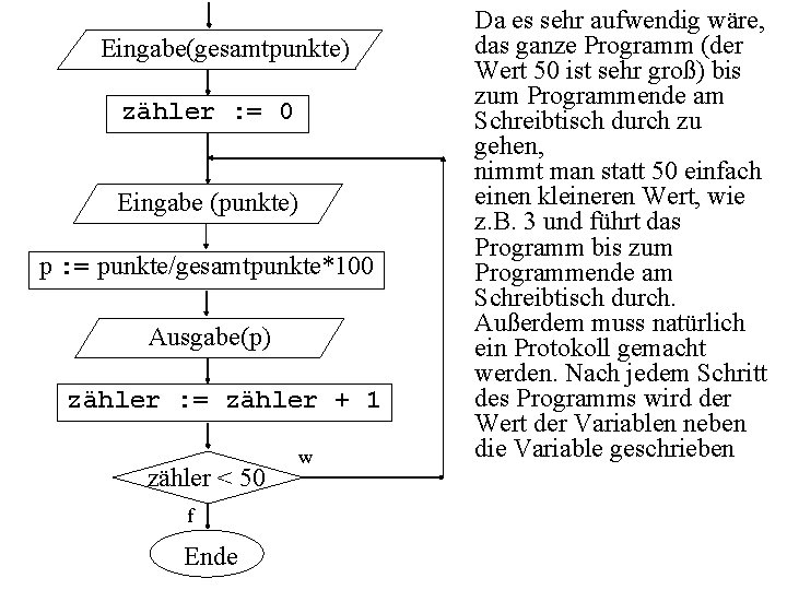 Eingabe(gesamtpunkte) zähler : = 0 Eingabe (punkte) p : = punkte/gesamtpunkte*100 Ausgabe(p) zähler :