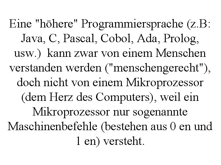 Eine "höhere" Programmiersprache (z. B: Java, C, Pascal, Cobol, Ada, Prolog, usw. ) kann