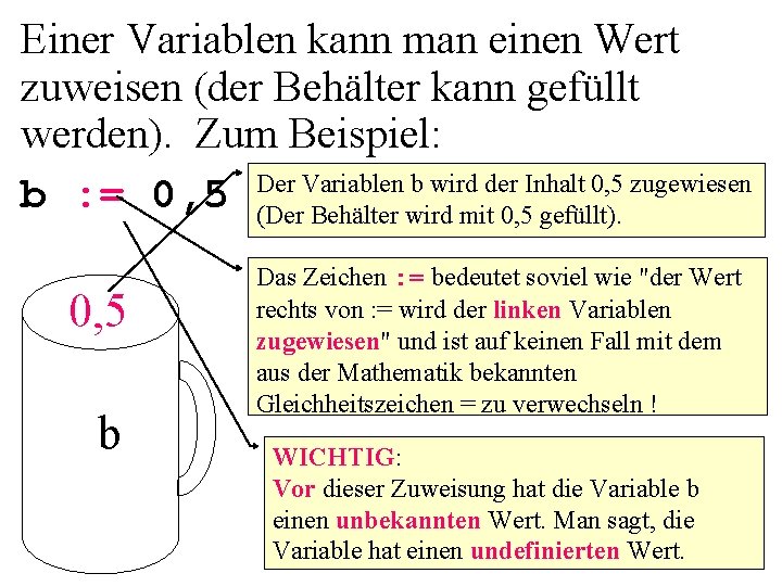 Einer Variablen kann man einen Wert zuweisen (der Behälter kann gefüllt werden). Zum Beispiel: